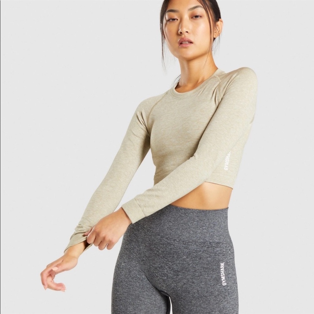 Gymshark Adapt Marl Seamless Long Sleeve Crop Top-Beige